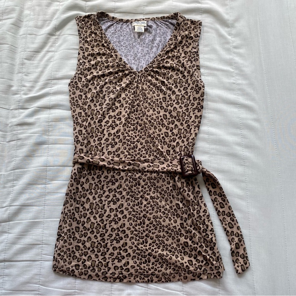 Sleeveless Leopard Print V-Neck Belted Tank Top - Brown